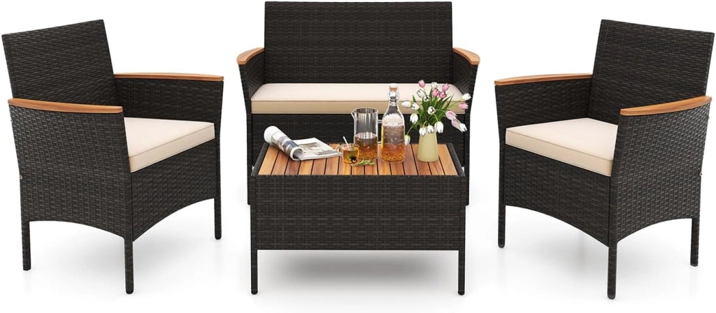 Salotto da Giardino Esterno 4 Pezzi in Rattan, Set da Conversazione da Esterno con 1 Tavolino Basso, 1 Divanetto e 2 Sedie, Cuscini Sfoderabili, per Patio, Balcone, Piscina