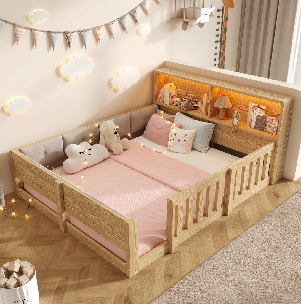 Letto per bambini 140 x 200 cm con sponde, LED e contenitore
