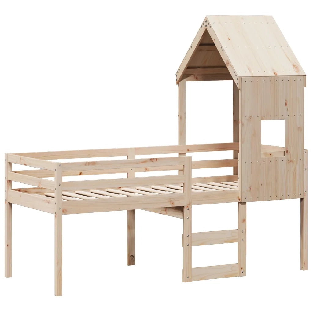 Letto a Soppalco con Tetto 90x200 cm in Legno di Pino