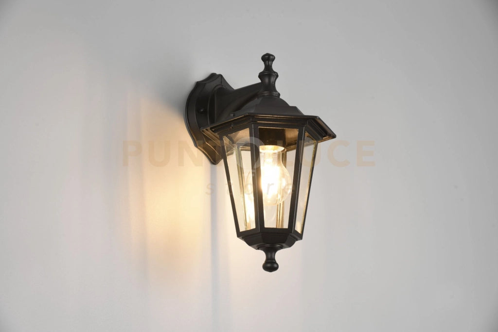 PIENZA APPLIQUE DA ESTERNO DOWN 6 LATI FUSIONE DI ALLUMINIO NERA E VETRO TRASPARENTE H. 31CM IP44 1 LUCE ATTACCO E27