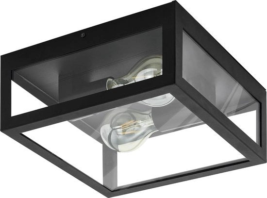 Lampada da soffitto 2 punti di luce industriale vintage acciaio vetro soggiorno-cucina-bagno nero chiaro connettore E27 IP44