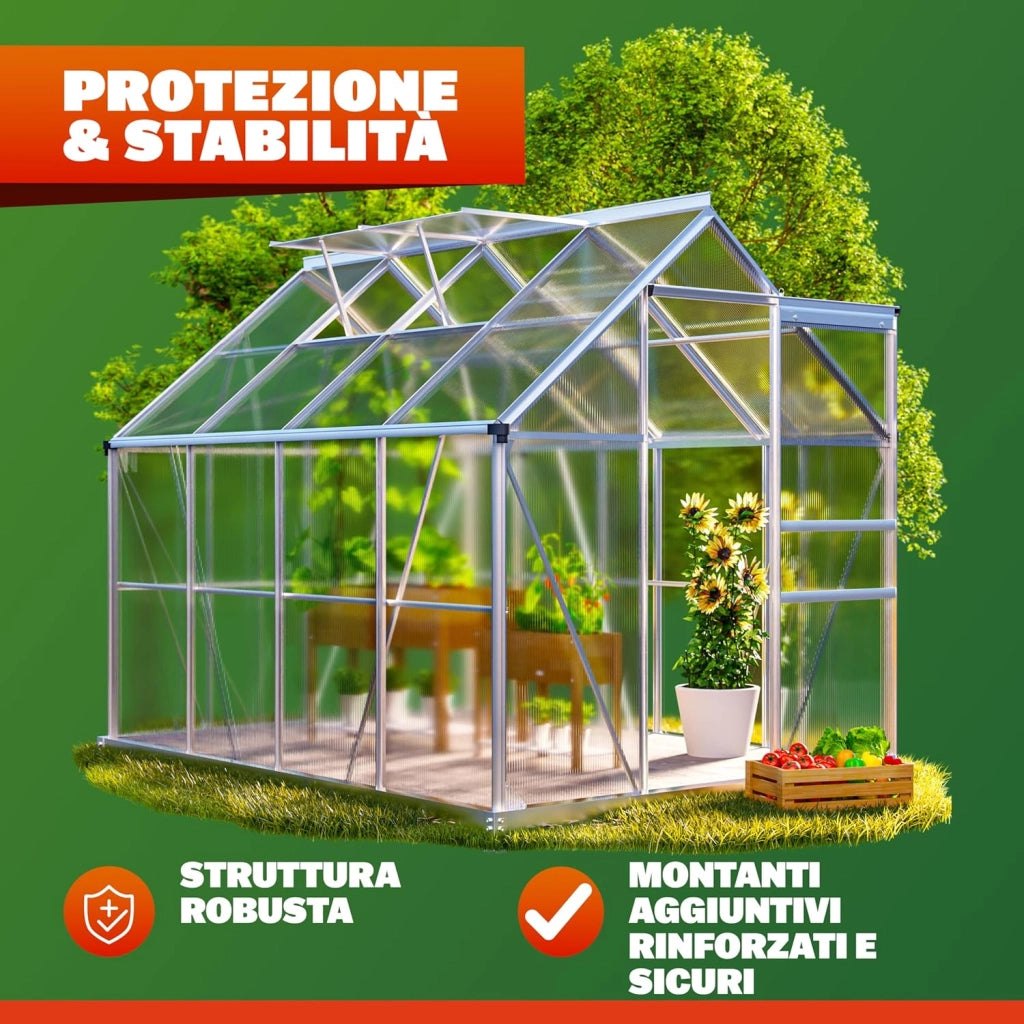 ® Serra da Giardino in Alluminio 4,8m² 250x190cm incl. 4 Lucernari Coltivazione Orto per Piante Giardinaggio 7,7m³