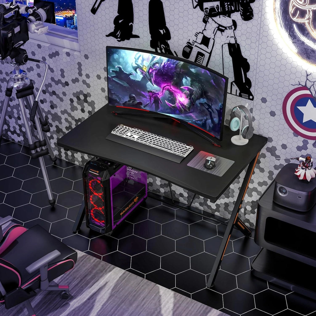 Tavolo da gioco per computer, ergonomico, PC portatile, tavolo da gioco con rivestimento in fibra di carbonio, scrivania da ufficio, tavolo da lavoro per gaming, lavoro e lavoro, nero