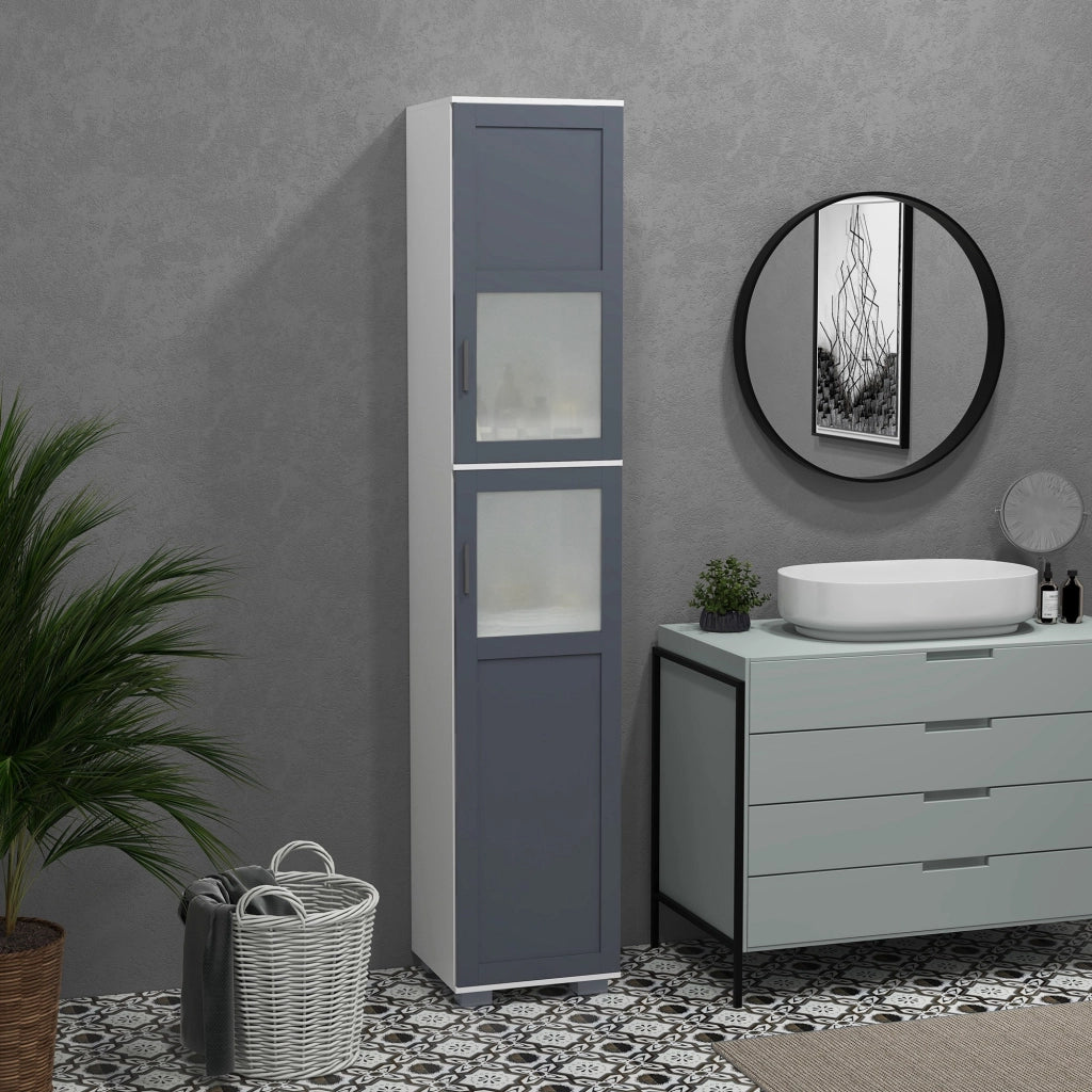 Armadio Bagno Alto con 2 Ante Vetro e Ripiani Regolabili ¨C Zephmum ¨C Bianco Grigio 37x35x190 cm