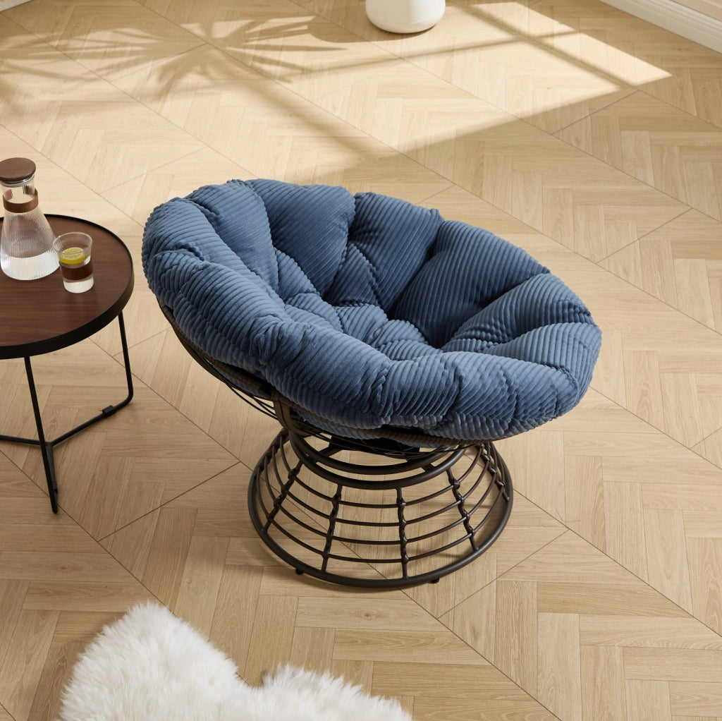 Poltrona Papasan girevole 360° con cuscino blu navy