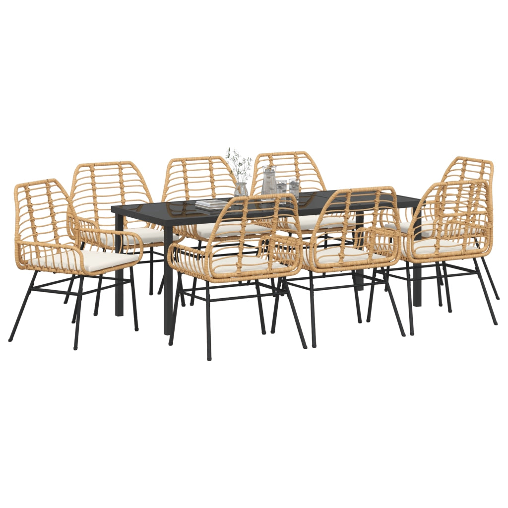 Set da pranzo da giardino 9 pezzi con cuscini marroni in polyrattan