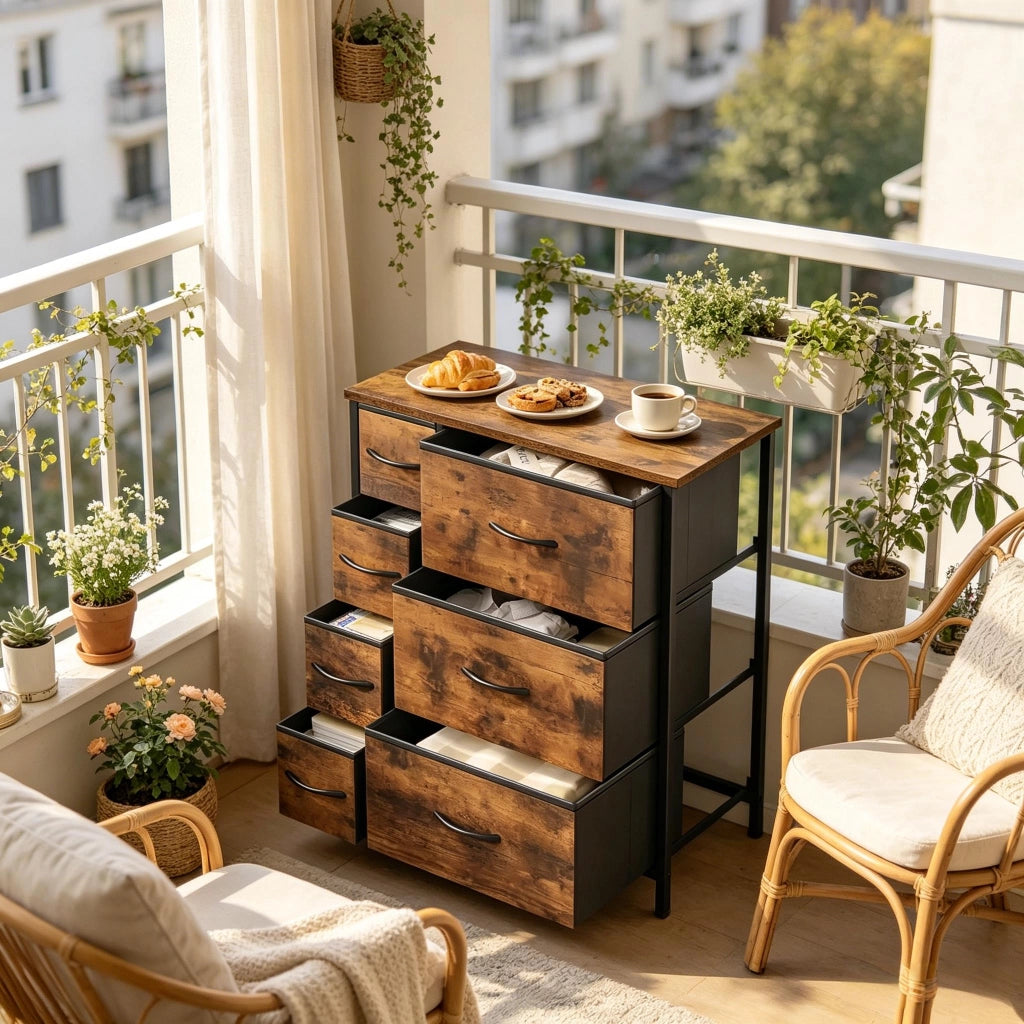 Mobile contenitore vintage con 7 cassetti in tessuto, in metallo e legno, per soggiorno e camera, 63,5 × 30 × 73 cm