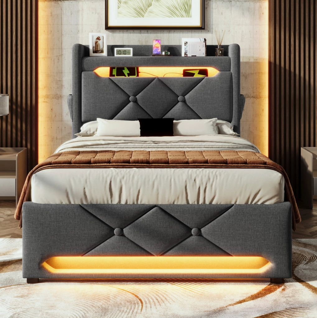 Letto singolo 90x200 cm in lino grigio con materasso; testiera con USB e LED