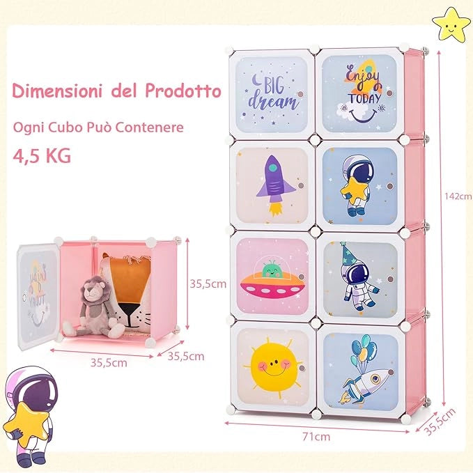Armadio Portatile per Bambini, Organizzatore Modulari per Bambini a 8 cubi con Ante e Sezione Appendiabiti, Guardaroba Portatile per Sala Giochi Camera da Letto Asilo, 71x35,5x142 cm (Rosa)
