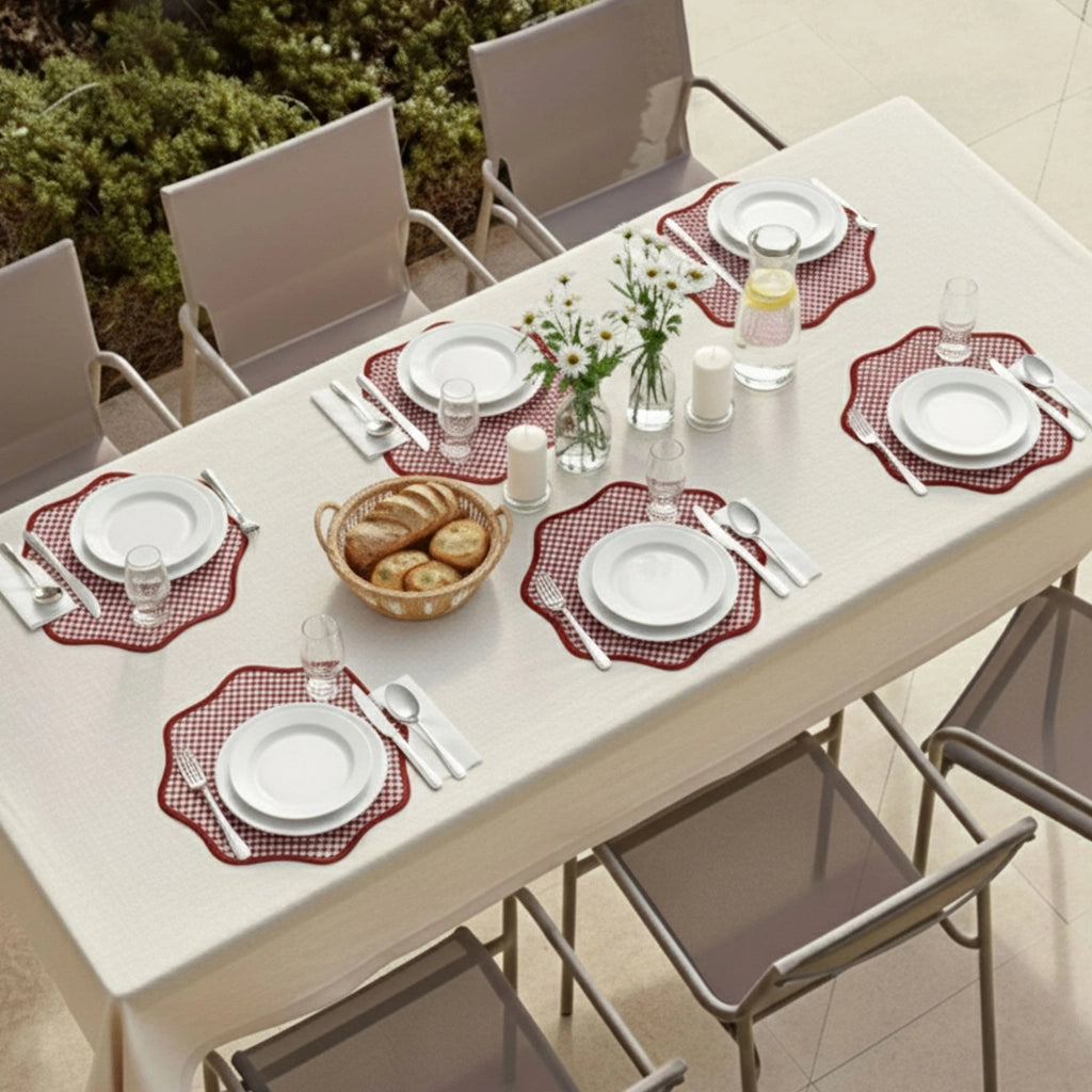 Tim, Tovaglietta Americana set da 6, Bordo Ondulato, Fantasia Micro Pied de Poule Made in Italy, 40x40 cm Rosso