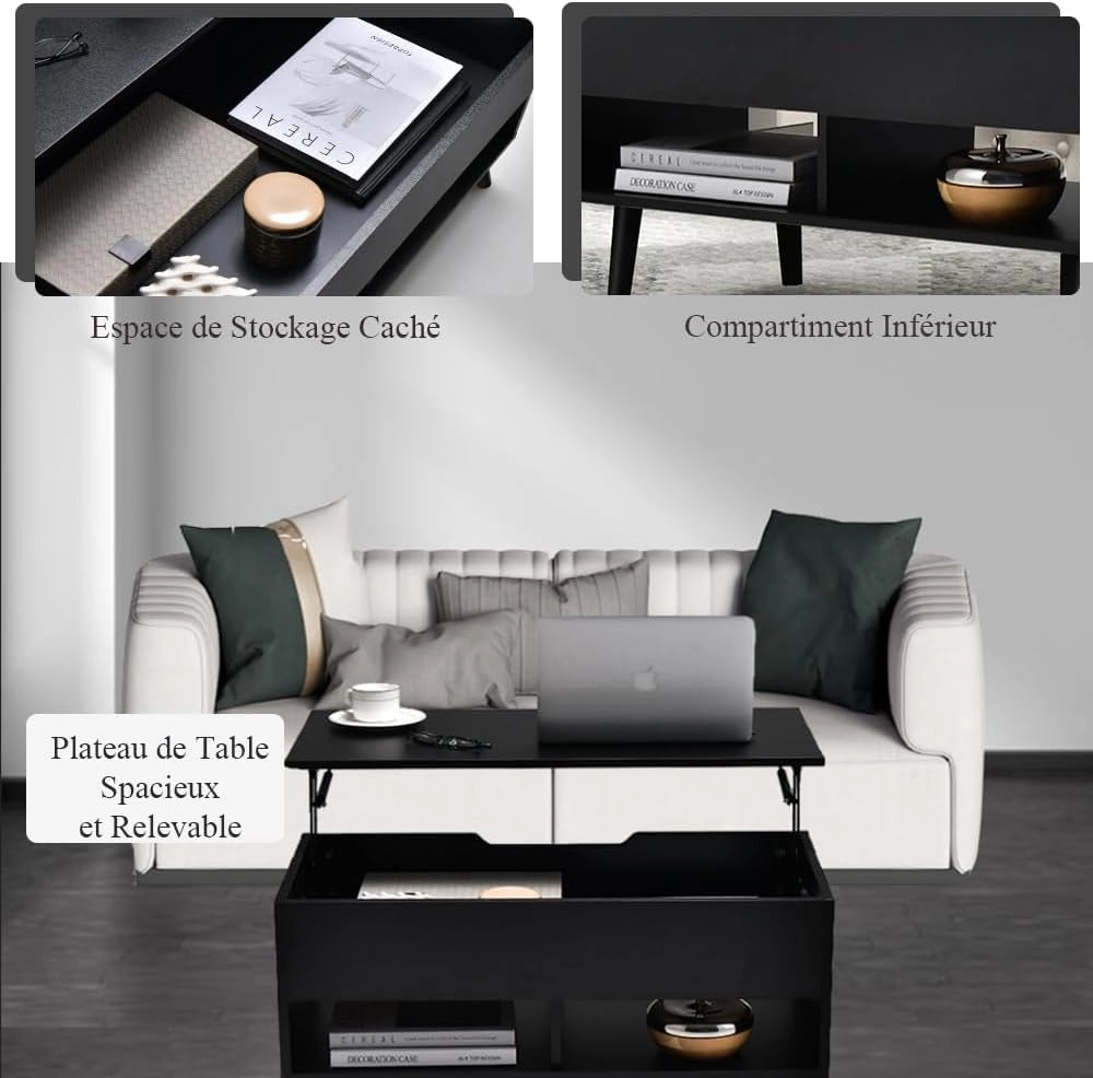 Tavolino da caffè sollevabile, tavolo da caffè con spazio nascosto di stoccaggio, tavolo sollevabile ed estensibile per il riposo o il lavoro, 80 x 40 x 58 (max) cm per il soggiorno e la sala da