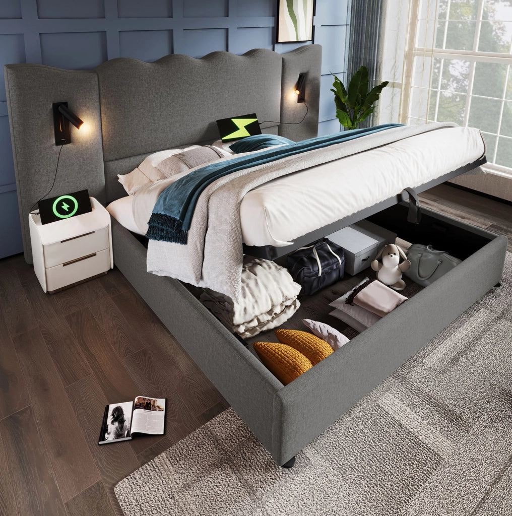 Letto matrimoniale 160x200 cm in lino grigio con lampada da lettura; ricarica USB e contenitore