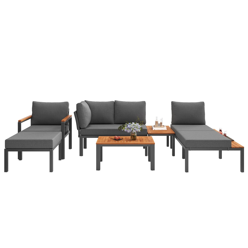 Set sedute modulari esterni: metallo; cuscini; tavoli legno; terrazza/balcone/piscina; grigio