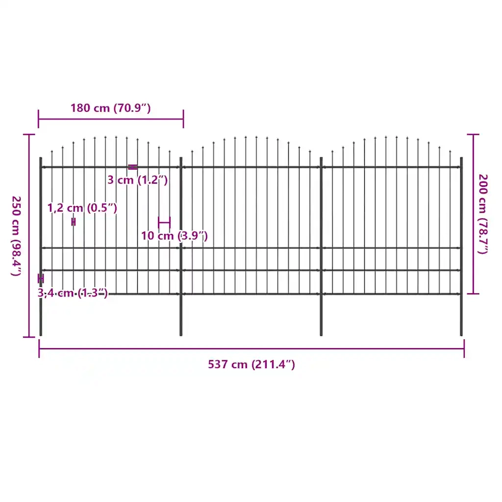 Recinzione da Giardino con Punta a Lancia in Acciaio 537x200 cm Nero 277750