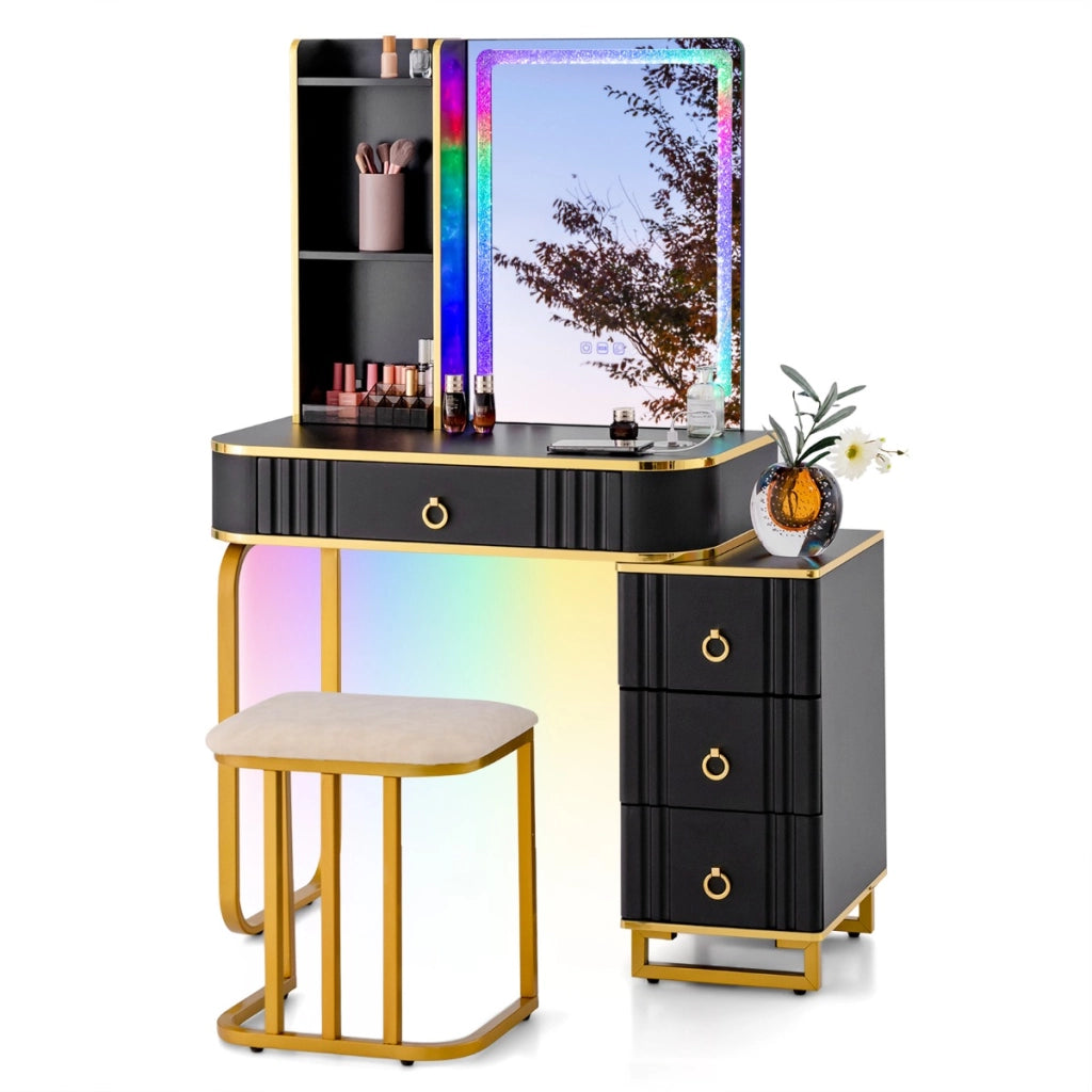 Toeletta da trucco RGB con specchio 7 luci LED dinamiche porte USB type-c e 4 cassetti, Tavolo da trucco Nero-Tavoli da trucco