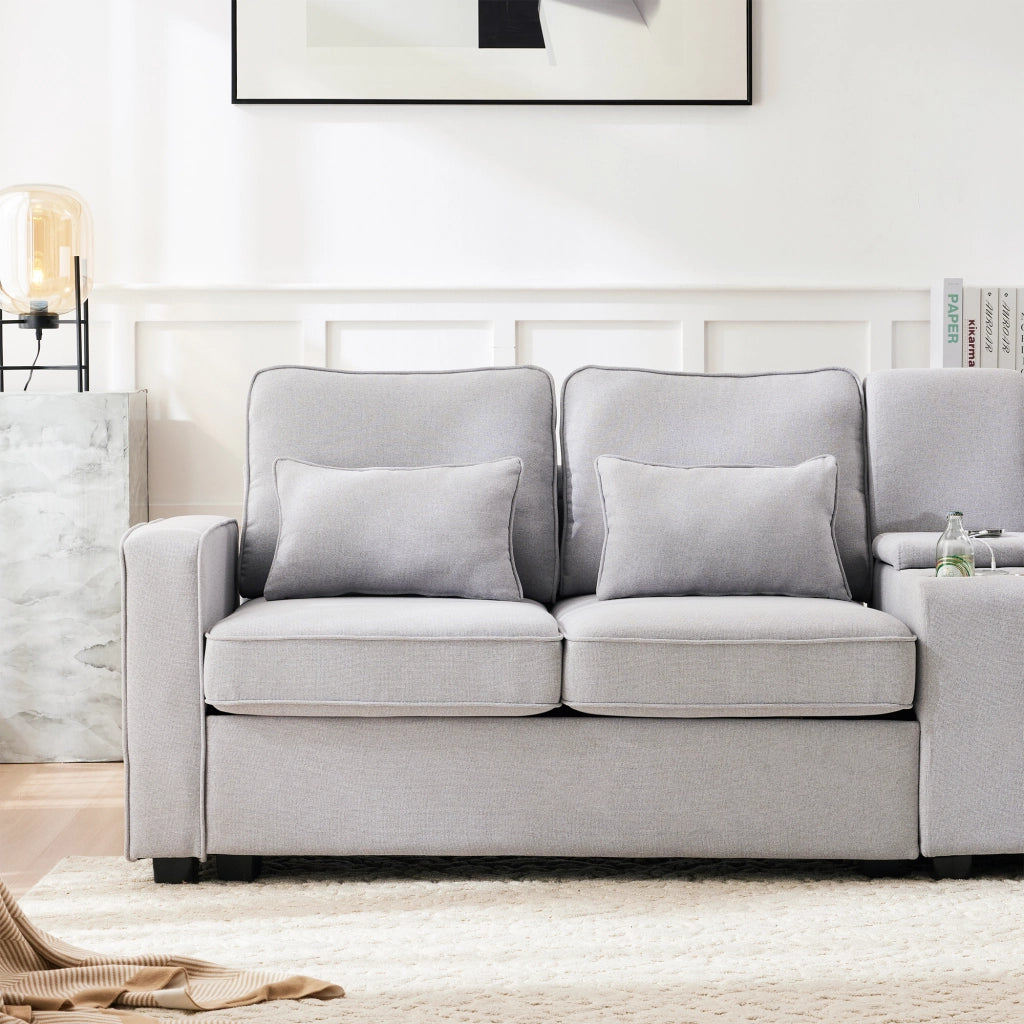 Divano 4 posti con console portabevande e USB in tessuto effetto lino grigio con 4 cuscini 88 × 290 × 83 cm