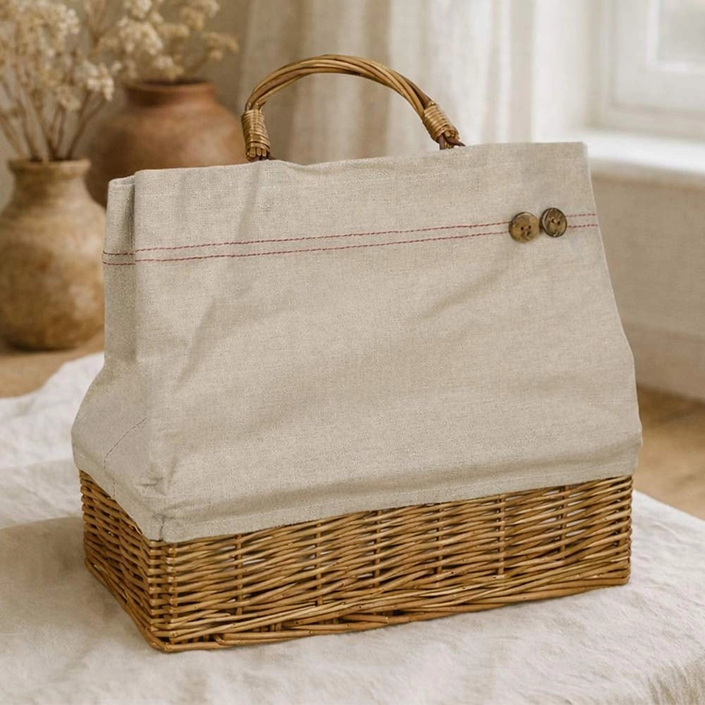 Borsa mare Spring in vimini con manico e tela beige con bottoni 29x13,5x h 27,5