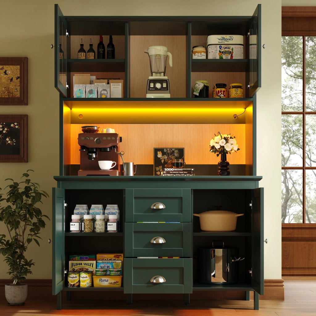 Credenza da cucina con ante in vetro marrone, ripiani regolabili, LED e cassetti, per cucina, verde 120 × 40 × 179 cm