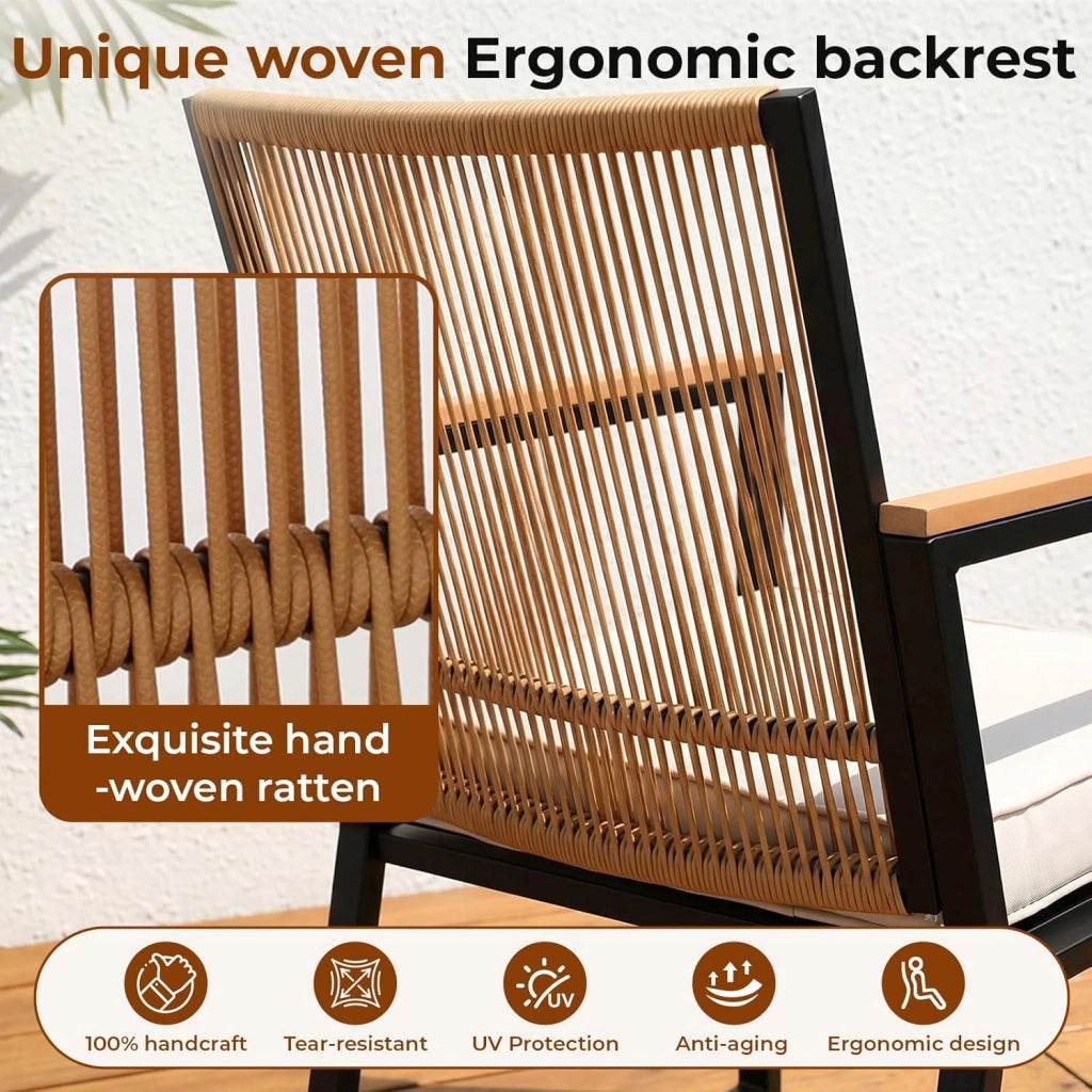 Set di mobili da giardino in rattan, 3 pezzi, 2 sedie da giardino in rattan con tavolo, fino a 160 kg, resistente alle intemperie, braccioli in WPC, set di mobili da terrazza, giardino