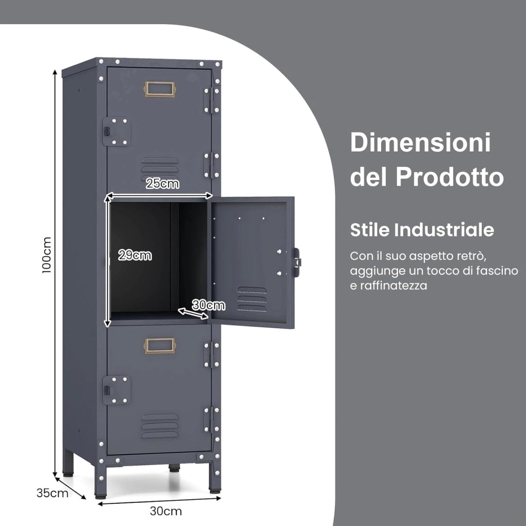 Armadio in Metallo con 3 Porte Chiudibili, Piedini Regolabili, Dispositivo Anti-Ribaltamento, Armadietto Verticale a 3 Ripiani per Casa, Ufficio, Scuola e Garage, 30 x 35 x 100 cm