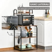 Mobiletto per Microonde a 4 Ripiani e 4 Ganci, Mobile Cucina in Acciaio e Legno 60x40x125cm, Marrone Rustico