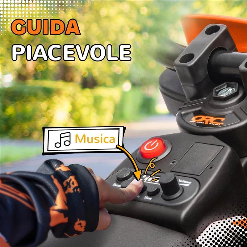 MOTO ELETTRICA PER BAMBINI CON ROTELLE RIMOVIBILI, SOSPENSIONI, SUONI E INDICATORE DI CARICA, ARANCIONE