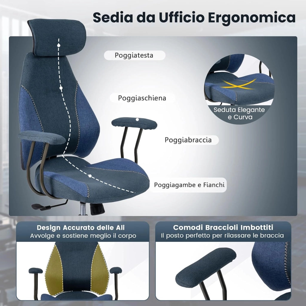 Sedia da Ufficio Ergonomica, Sedia da Scrivania in Tessuto di Lino con Poggiatesta 2D, Schienale Oscillante e Ruote, Poltrona da Lavoro Regolabile Girevole, Portata 150 kg (Blu)