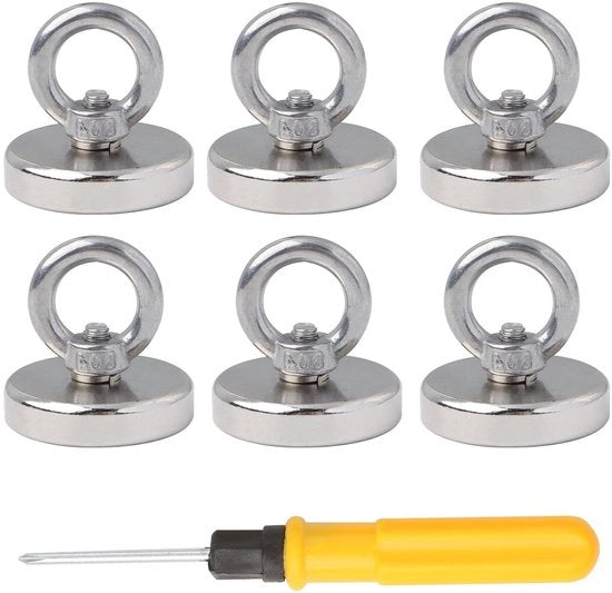 Pacco di 6 forti magneti neodimio 22,5 kg OGM 32 mm - Pesca magnetica in casa e officina (con chiave inglese)