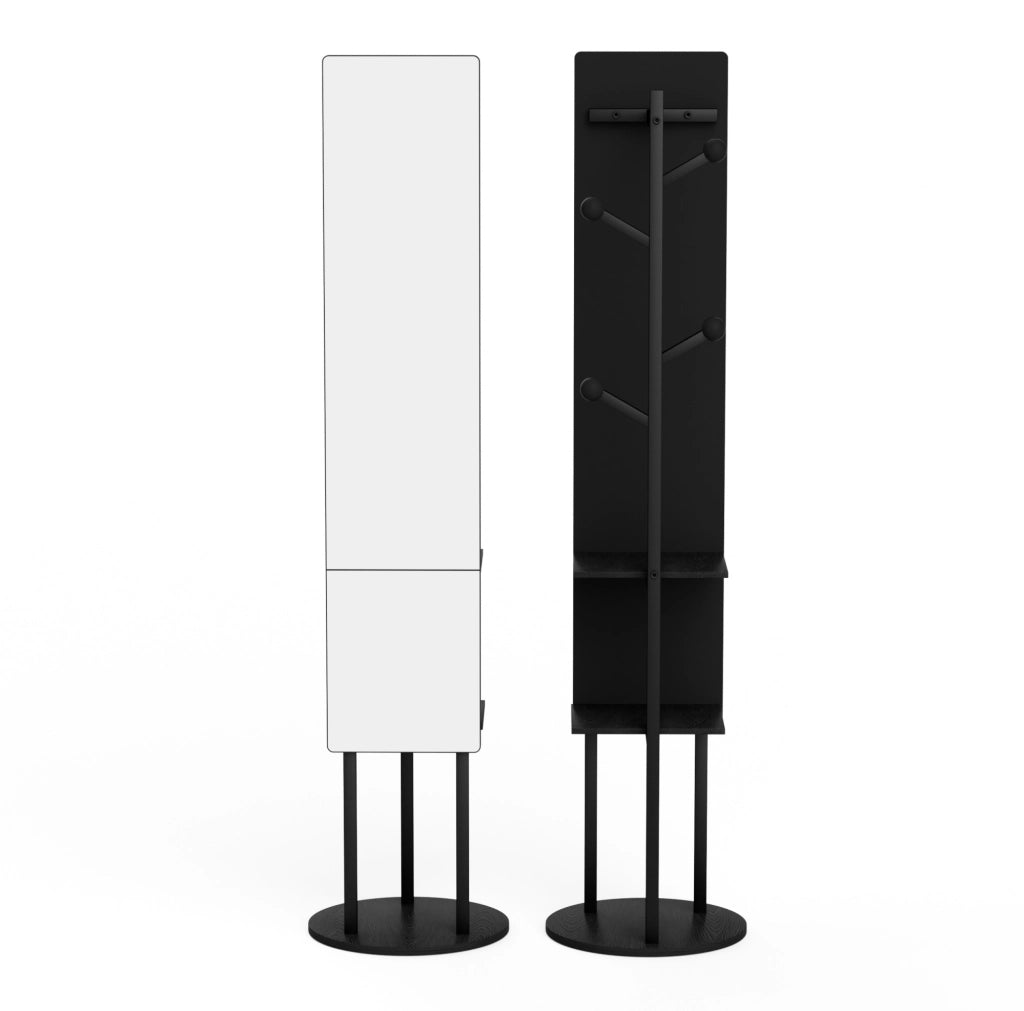 Specchio intero da terra guardaroba 174x40 cm nero girevole 360° con contenitore e ganci