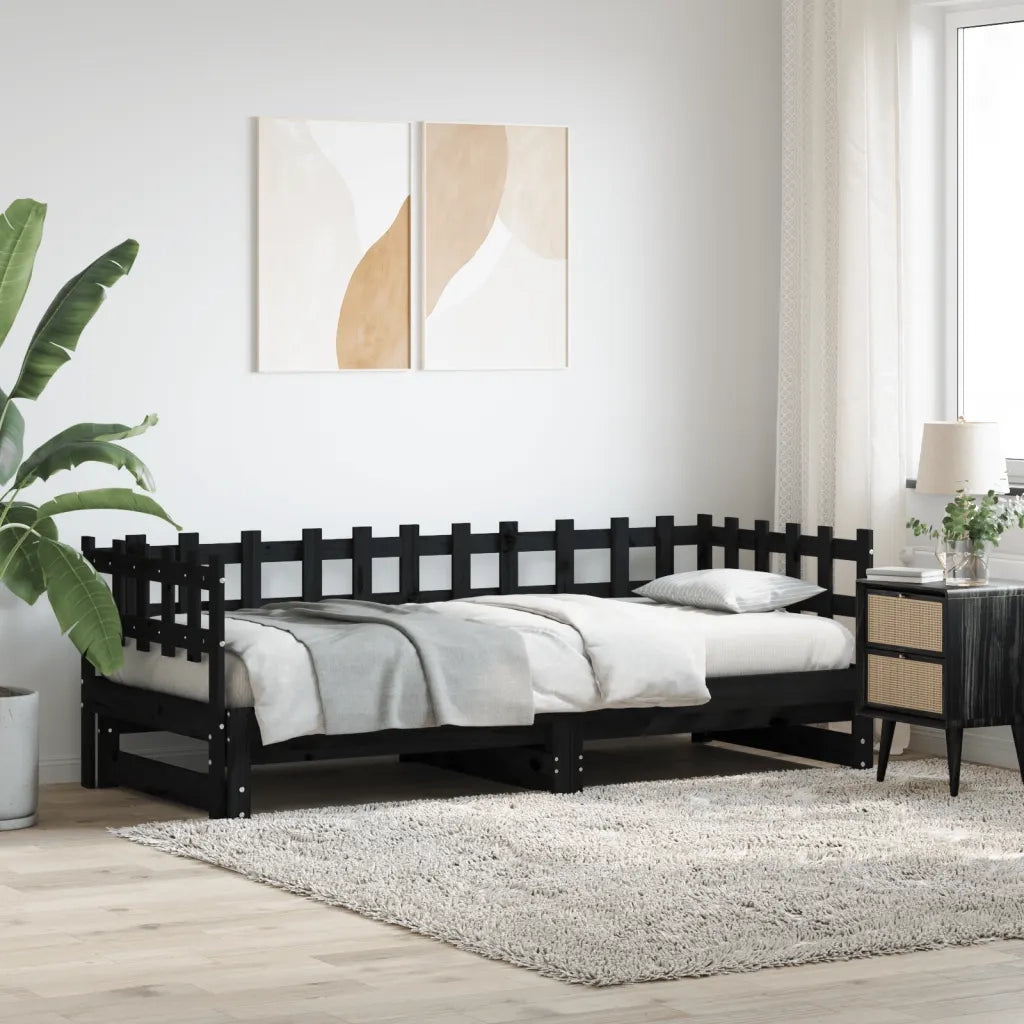 Dormeuse Estraibile Nera 2x(80x200) cm Legno Massello di Pino 840387