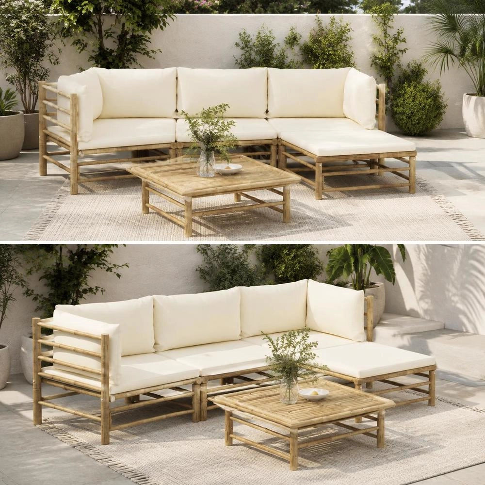 5-piece Garden Lounge Set With Cream-white Bamboo Cushions