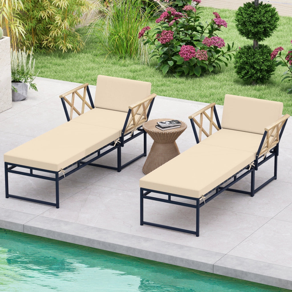 Set mobili patio 2 pezzi metallo poltrona esterno cuscino, Set braccioli legno acacia pouf giardino piscina Bianco