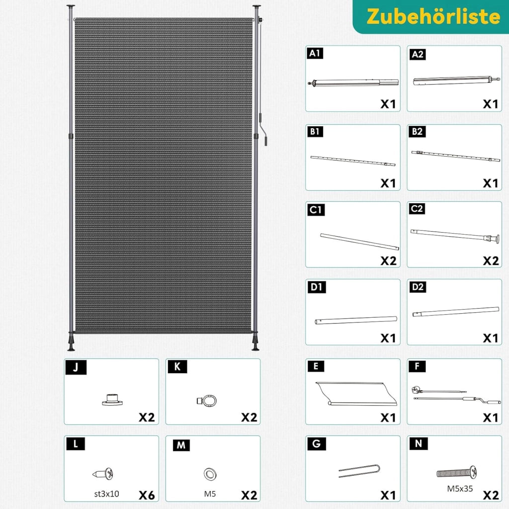 Tenda Verticale HDPE 150×310 cm Grigio, Tenda a Pinza Estensibile, Senza Forare, Privacy, Protezione Solare UV, Antivento, Resistente Alle Intemperie - per Balcone, Giardino, Terrazza