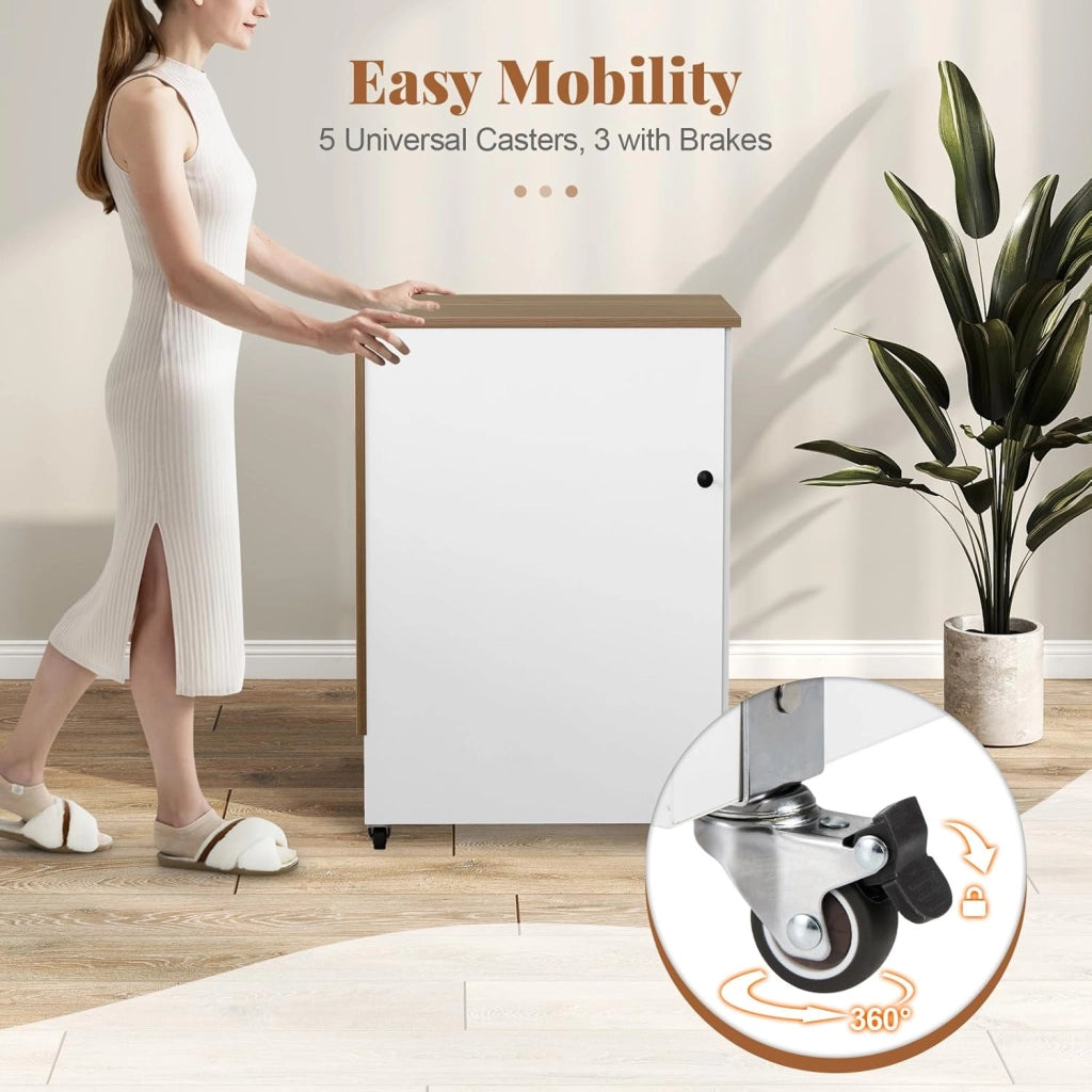 Tavolo da Cucito Pieghevole con Ruote, Mobile per Macchina da Cucire con 4 Ripiani Aperti e Ampio Piano di Lavoro, Ideale per Soggiorno, Camera da Letto e Sala Hobby (Bianco+Naturale)
