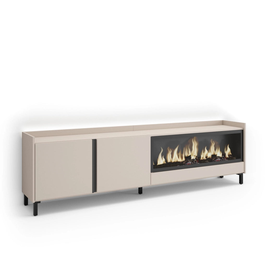 Mobile TV Soggiorno, 212x61x35 cm, Per TV fino a 80", Camino elettrico XXL, Design industriale, LED, Beige