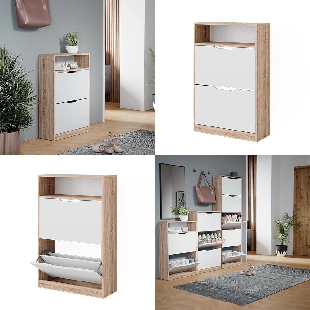 Scarpiera da ingresso Luca, Bianco/Sonoma, 59 x 89.5 cm con 2 scomparti