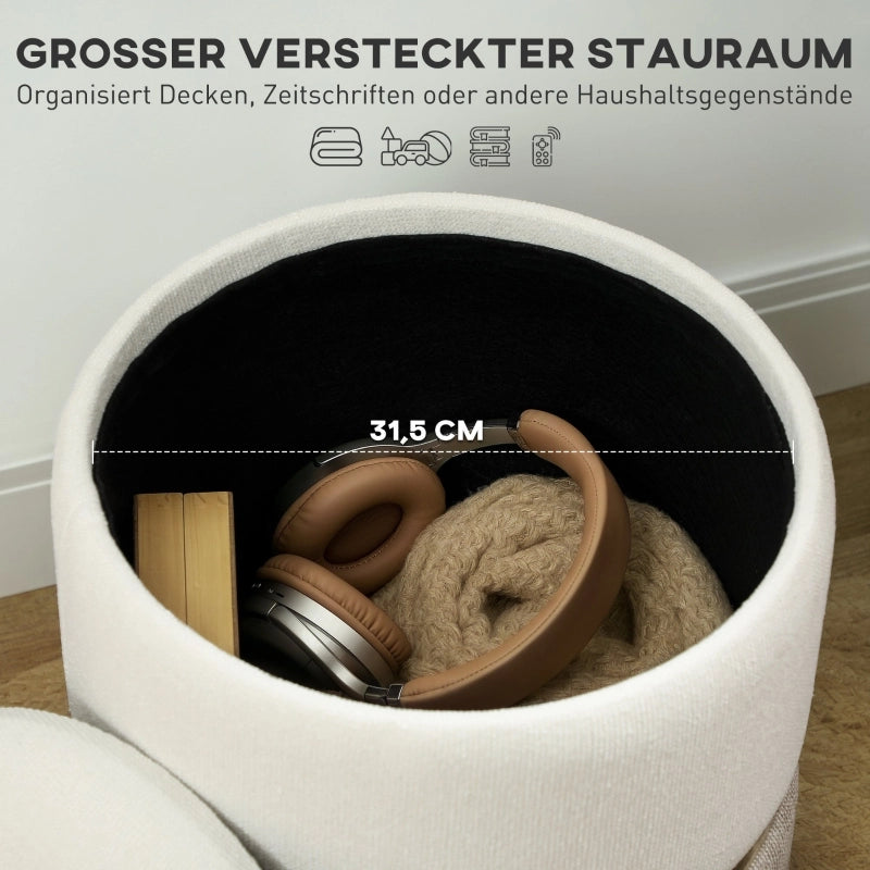 POUF CONTENITORE Ø36 x 44 cm Bianco Crema in Chenille con anello in metallo