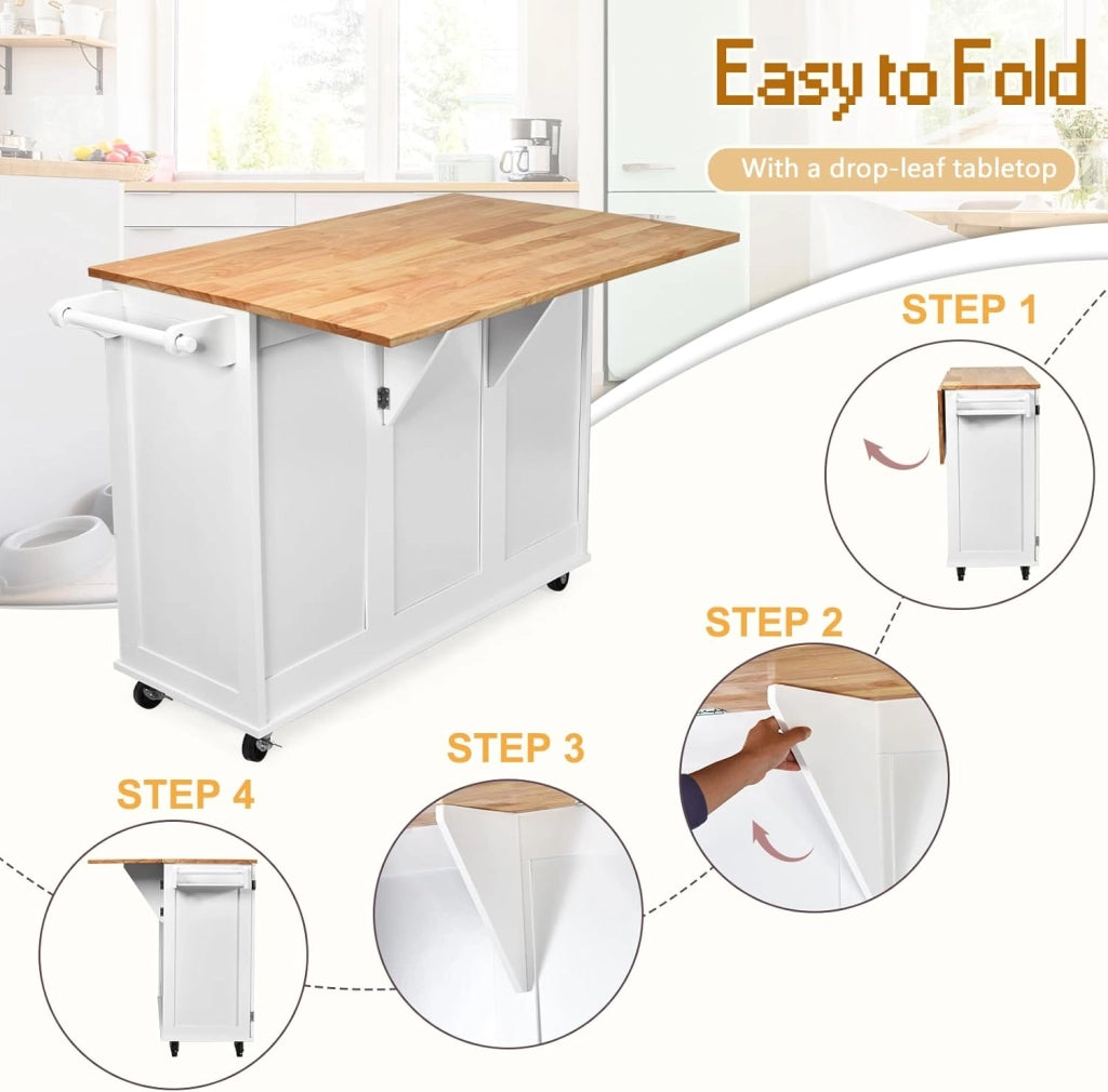 Carrello da Cucina con Pannello Pieghevole Portato fino a 50 kg, Isola da Cucina 43x136x91cm, Carrello Portaoggetti in Legno con Ruote, Multifunzione e Grande, Nero (Bianco)