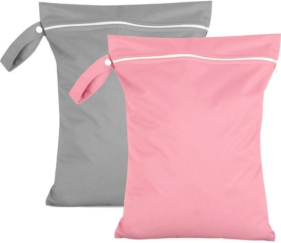 Set di 2 sacchetti umidi 40 x 30 cm, sacchetti idrorepellenti grigio e rosa, valigette riutilizzabili con cerniera, sacchetti umidi piccoli per nuotare, per costume da bagno, lenzuola da spiaggia e pannolini