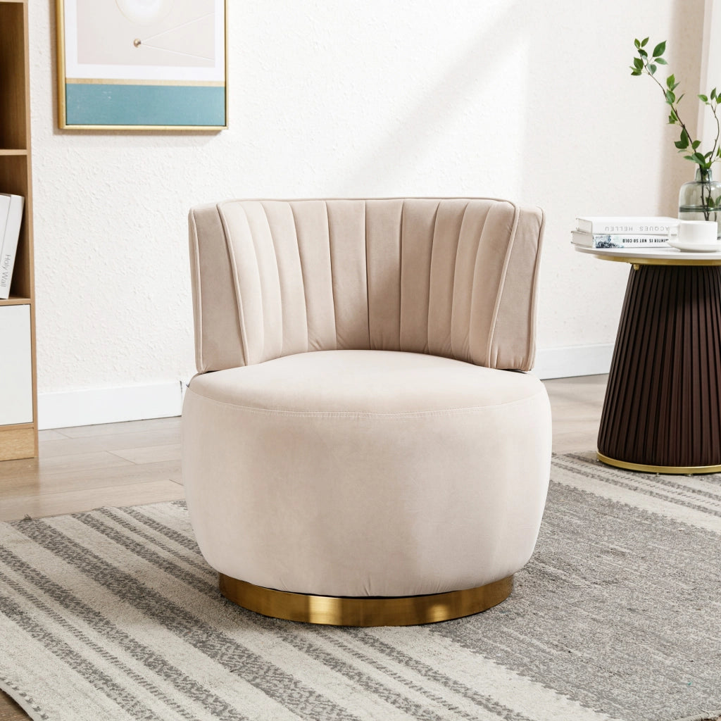 Fauteuil girevole in velluto con seduta imbottita e schienale ergonomico, base in legno e metallo beige