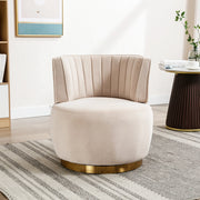 Fauteuil girevole in velluto con seduta imbottita e schienale ergonomico, base in legno e metallo beige