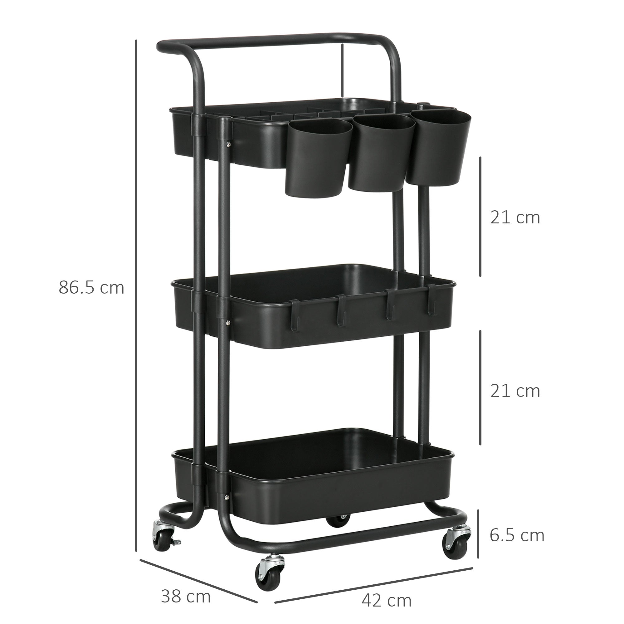 Carrello da Cucina Multiuso 3 Livelli con Accessori Nero