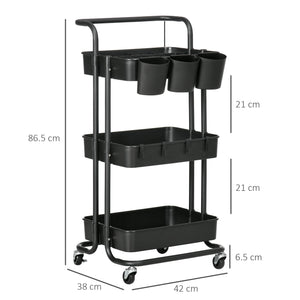 Carrello da Cucina Multiuso 3 Livelli con Accessori Nero