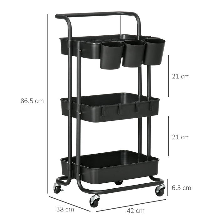 Carrello da Cucina Multiuso 3 Livelli con Accessori Nero