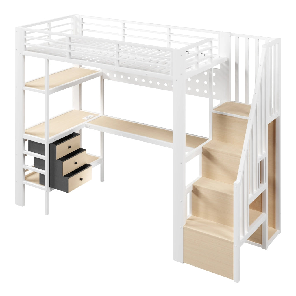 Letto a soppalco singolo 90 × 200 cm con scrivania, 3 cassetti, pannello forato, LED e presa, senza materasso, bianco