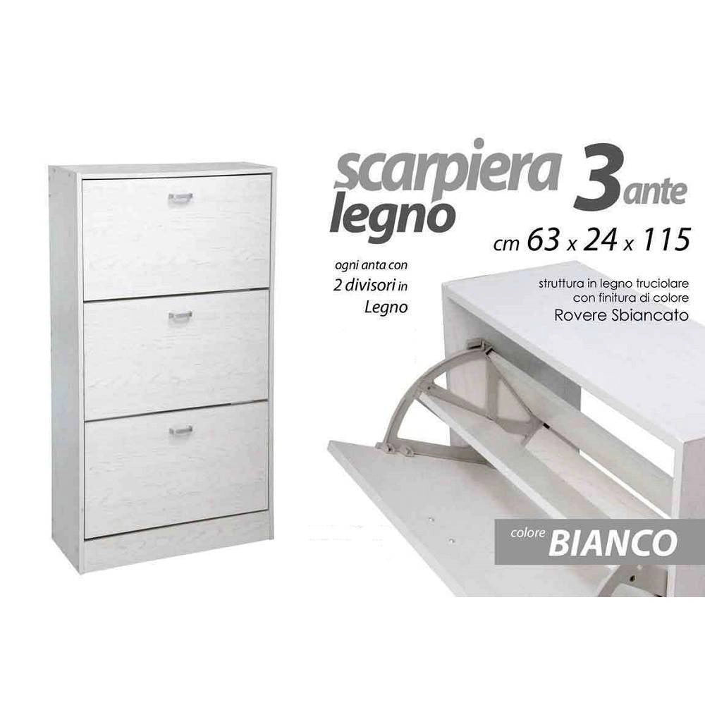 Trade Shop - Scarpiera Legno 3 Ante Bianco Legno 63 X 24 X 115 Cm 715617 Scarpe -