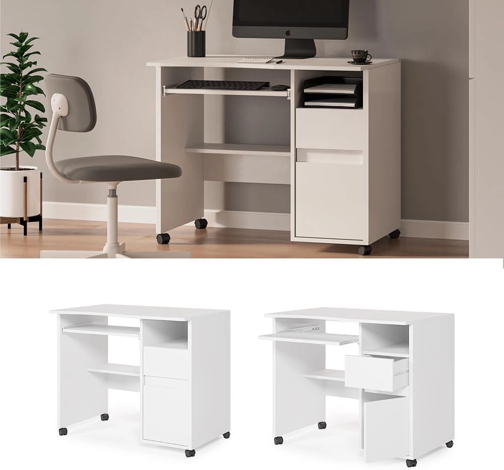 Scrivania Polo, Bianco, 91 x 59 cm, con ruote e piano di lavoro estraibile