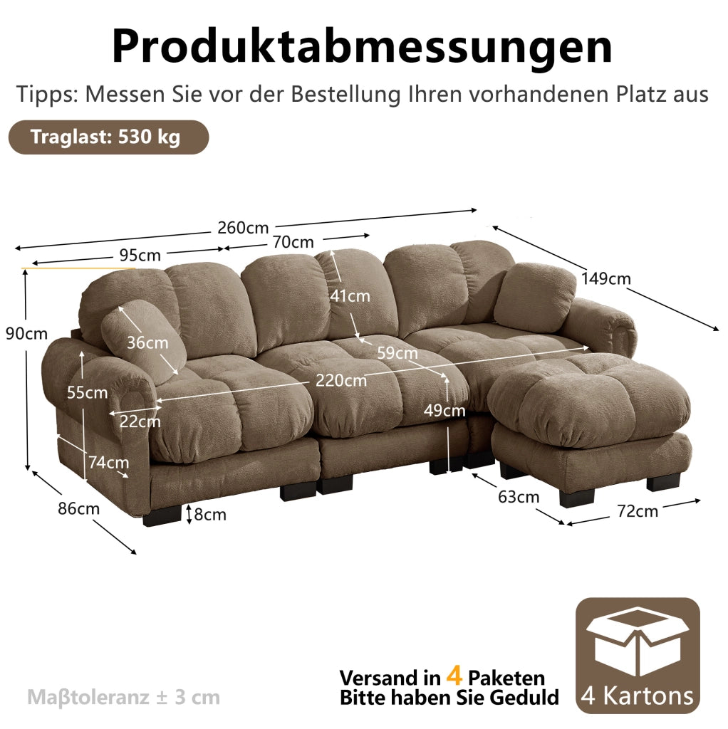Divano angolare a 3 posti con pouf mobile 260x149x90 cm in chenille marrone