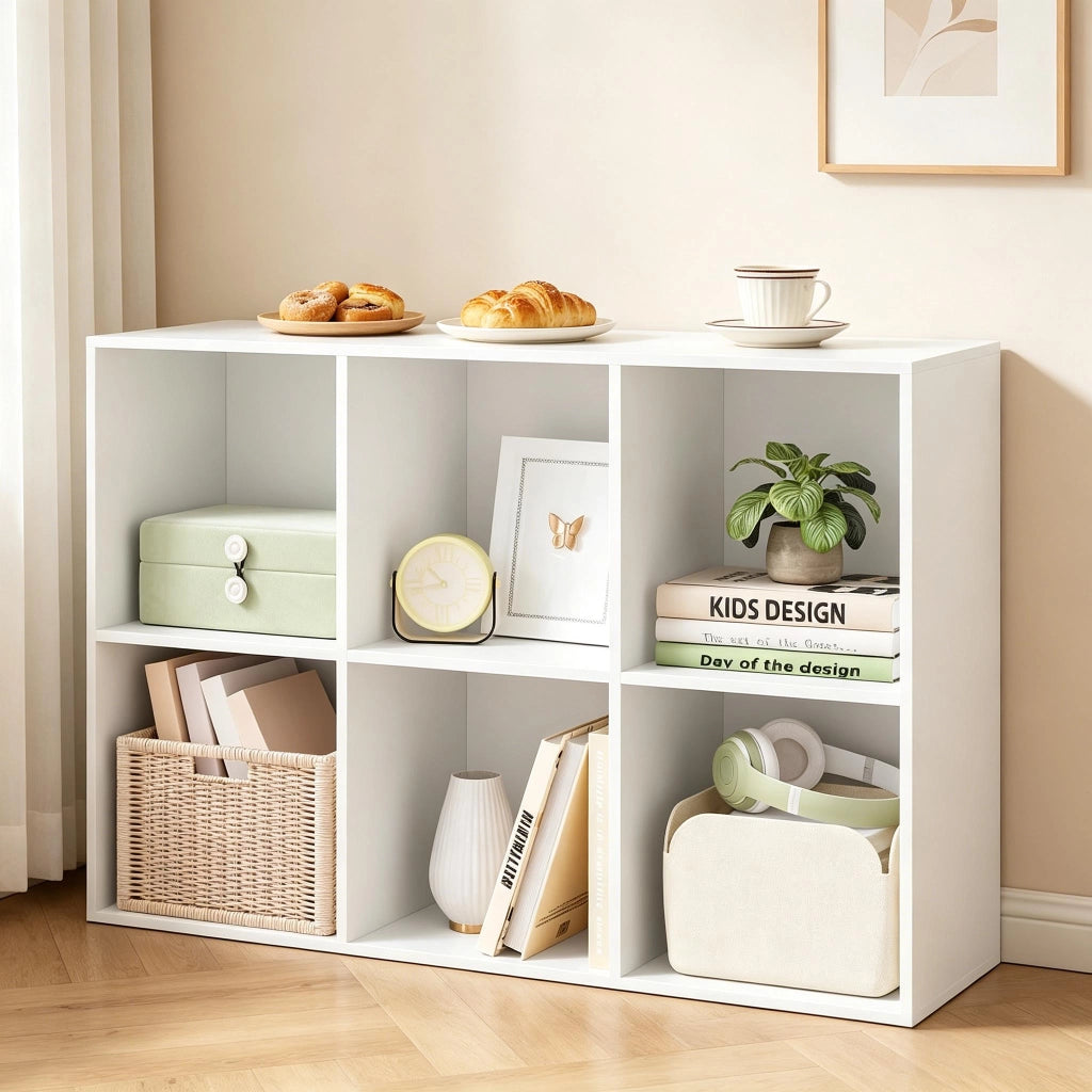 Libreria a cubi con 6 vani aperti, struttura pieghevole, per soggiorno e studio, in legno ingegnerizzato, bianco