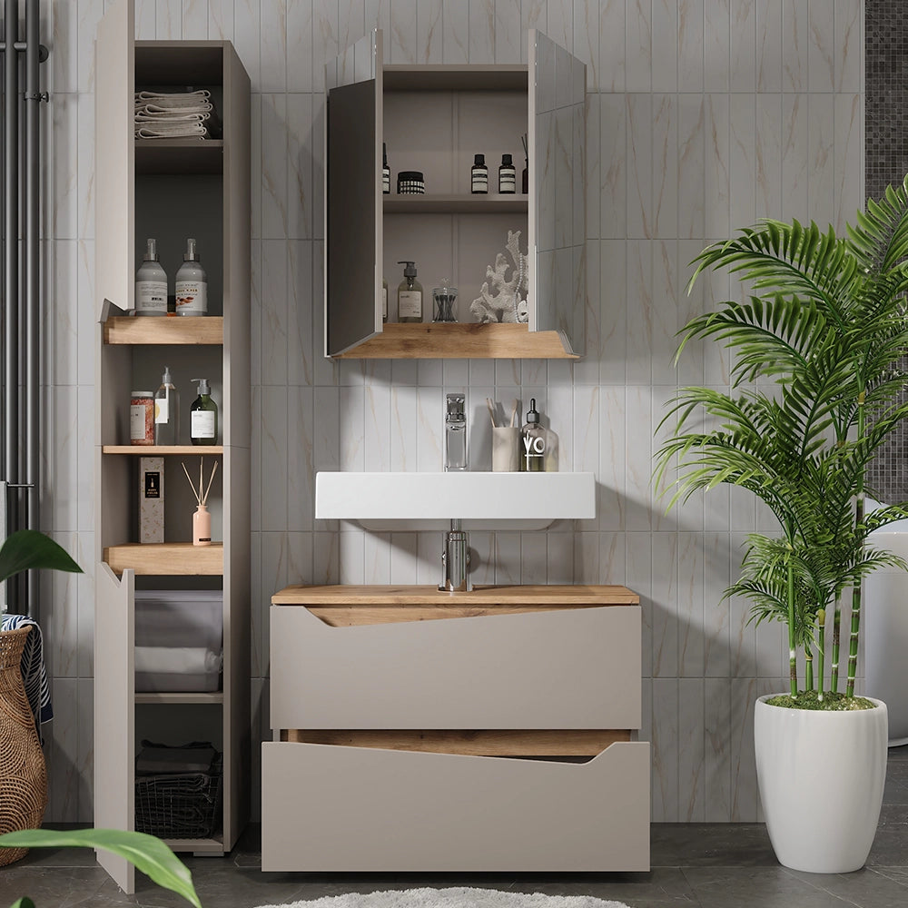 Vicco Set di mobili da bagno Greige/Artigianale 3 parti con mobile alto